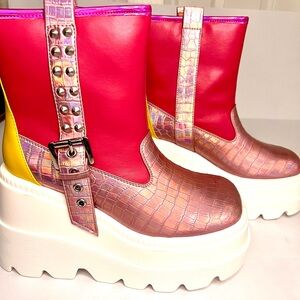 Chunky Rave Holographic Platform Boots - Iridescent Hot Pink Yellow w/ Buckle